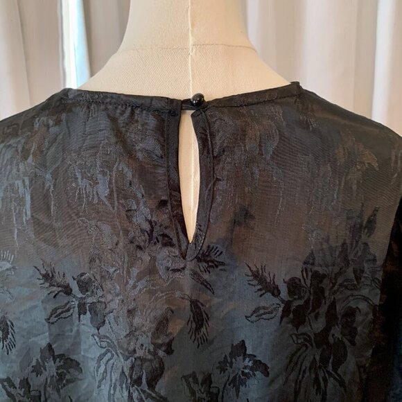 Vintage 80s Black Satin Floral Brocade Blouse Lace Neckline Puff Long Sleeve XL - Picture 7 of 11